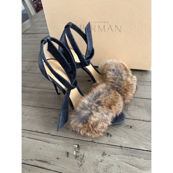 Alexandre Birman Clarita 100 Rabbit Fur Denim Sandals Heels Tie Size 36 6 - Picture 7 of 10